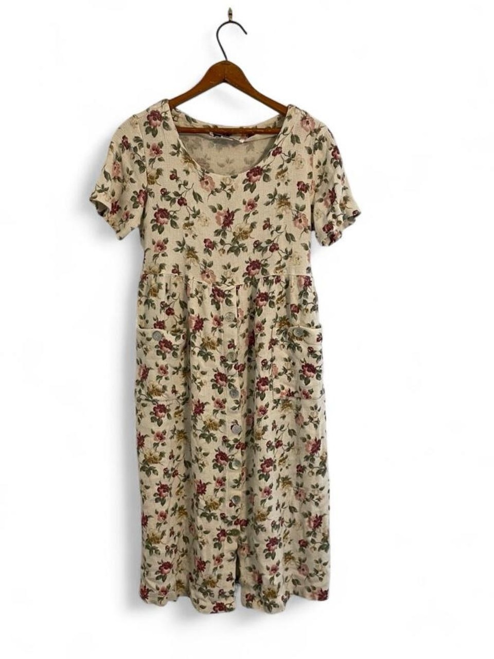 Vintage 80s Floral Cottagecore Woven Rayon Linen Belted Summer Midi Dress